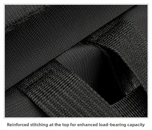 Macro view of multiple bartack reinforcements on black nylon backpack to enhance load-bearing