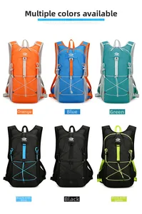 Detail view of lightweight outdoor backpack showing six color options and bungee system