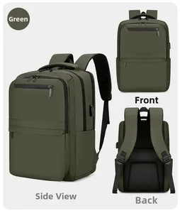 Detail view of army green business backpack with USB port and multiple compartments