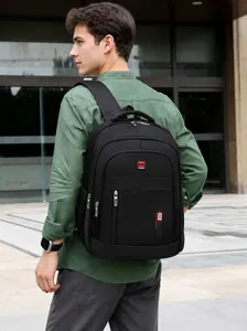 Side view of large black travel backpack with reinforced straps and water bottle pocket