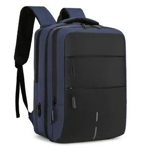 Waterproof navy blue oxford business laptop backpack with USB port and reflective strips