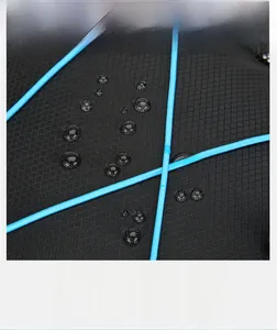 Macro view of waterproof checkered fabric on a travel backpack with blue elastic cords