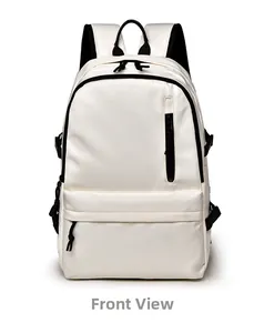 Front view of large waterproof backpack with stylish black zippers and white canvas texture