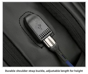 Close-up of waterproof fabric texture and external USB charging port on business backpack