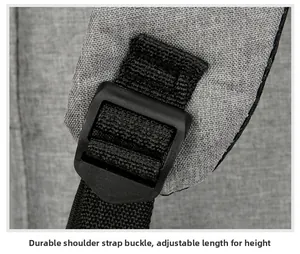 Detail of adjustable shoulder strap buckle on a 16-inch laptop backpack with grey fabric