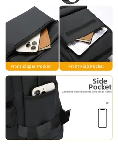 Detailed view of the black waterproof travel backpack showing pockets and laptop compartments