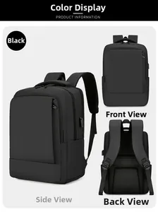 Three-view detail of black business backpack showing front, back, and side with USB port