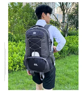 Outdoor 60L hiking backpack detail showing ergonomic shoulder straps and side mesh pockets