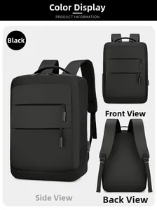 Vues avant, arrière et latérale du sac à dos ordinateur imperméable en oxford noir avec USB