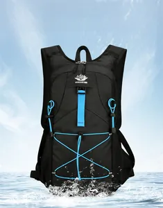 Waterproof outdoor hiking backpack in high-density nylon with blue accents and water splash