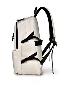 Side view of a waterproof beige backpack with ergonomic black straps and durable nylon fabric