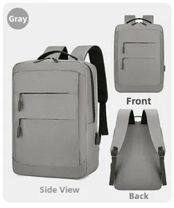 Vues détaillées du sac à dos Oxford gris imperméable avec fermetures éclair et port USB