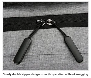 Detail of durable dual-zipper design on gray textured 16-inch laptop backpack