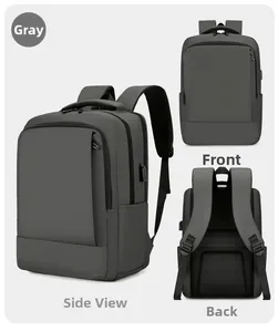 Waterproof grey business backpack with USB port showing front side and back views