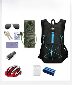 Macro view of outdoor cycling backpack showing mesh side pockets and blue elastic bungee cords
