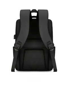 Detail of ergonomic breathable honeycomb back panel and padded S-shape straps on black backpack