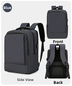 Detail view of blue business backpack showing multi-angle design and USB charging port
