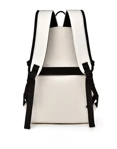 Rear view of white travel backpack featuring padded shoulder straps and luggage strap