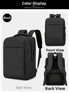 Multi-angle views of black business laptop backpack showing front, side and back details