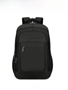 Vue de face du sac à dos business en tissu Oxford noir avec plusieurs poches zippées