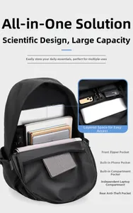 Detailed view of the large storage compartments and padded laptop pocket in black backpack