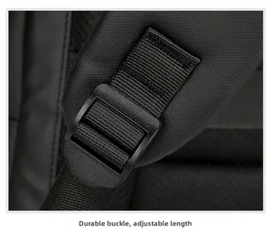 Detail of the sturdy adjustable shoulder strap buckle on this waterproof laptop backpack