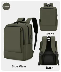 Detail of green waterproof business backpack with USB port and breathable back padding