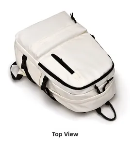 Top view detail of the waterproof cream nylon backpack with black zippers and top handle