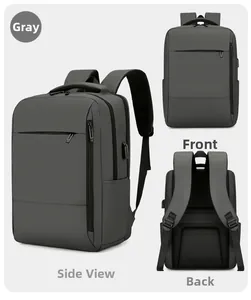 Grey business laptop backpack shown from front, back and diagonal views with USB port