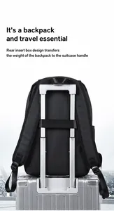 Detail view of back luggage strap on black business backpack for travel convenience