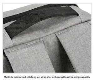 Detail of reinforced stitching on grey laptop backpack handles for extra durability