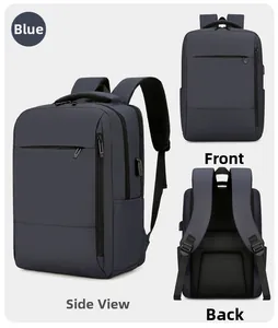 Blue business laptop backpack with USB port showing front, back, and side views