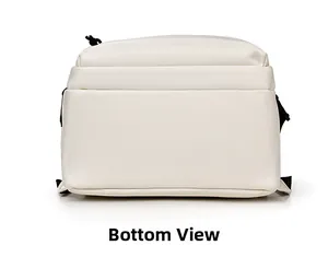 Detailed bottom view of water-resistant nylon backpack in cream white finish