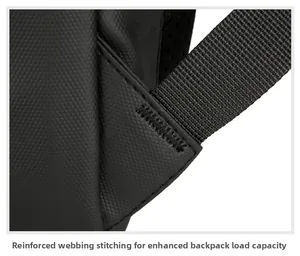 Close-up of reinforced webbing stitching on travel backpack for high load capacity