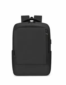 Front view of black waterproof business laptop backpack with external USB charging port