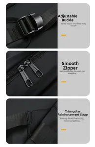 Detail of adjustable buckles, smooth dual zippers, and reinforced triangular stitching