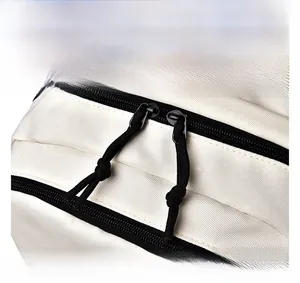 Detail display of the dual black zippers and woven pulls on beige canvas backpack