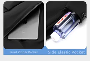 Detail view of front zipper pocket for tablet and elastic side pocket for water bottle