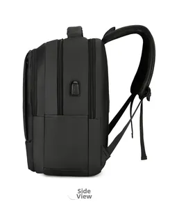 Waterproof business laptop backpack side view featuring external USB charging port