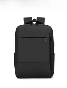 Front view of black business laptop backpack with USB charging port and multiple pockets