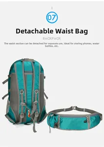 Detalle de la mochila de senderismo con riñonera desmontable y acolchado de malla trasera