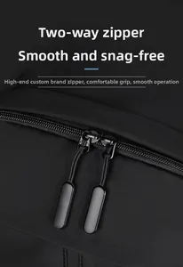 Close-up of smooth two-way zippers with matte black pulls on waterproof polyester backpack