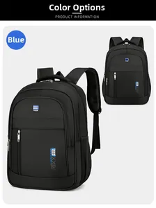 Detail view of large blue travel backpack with waterproof fabric and sport fashion logo