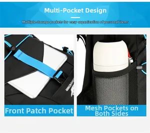 Detail of multi-pocket design with front tablet storage and elastic side mesh water bottle holder