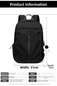 Detailed size chart showing 0.38kg weight and dimensions for a nylon travel backpack