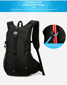 Detail of outdoor backpack featuring trekking pole attachment system and elastic cords