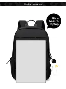 Detail of minimalist black nylon backpack fitting a 14-inch laptop with plush astronaut charm