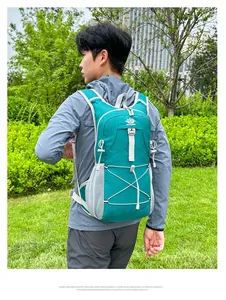 Outdoor sports backpack in bright green with adjustable elastic cords and mesh side pockets