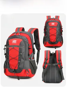 Detailed multi-angle views of large red outdoor backpack with breathable mesh back padding
