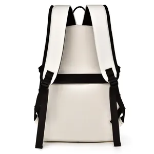 Waterproof cream backpack with padded black straps and luggage strap shown from the back